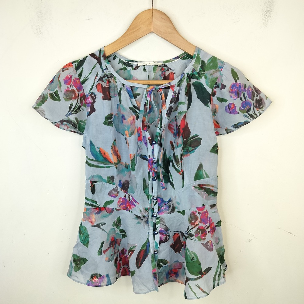 Floreat Floral Blouse Tie Neck Cotton Size 0 Button Up Peplum Flutter Sleeve